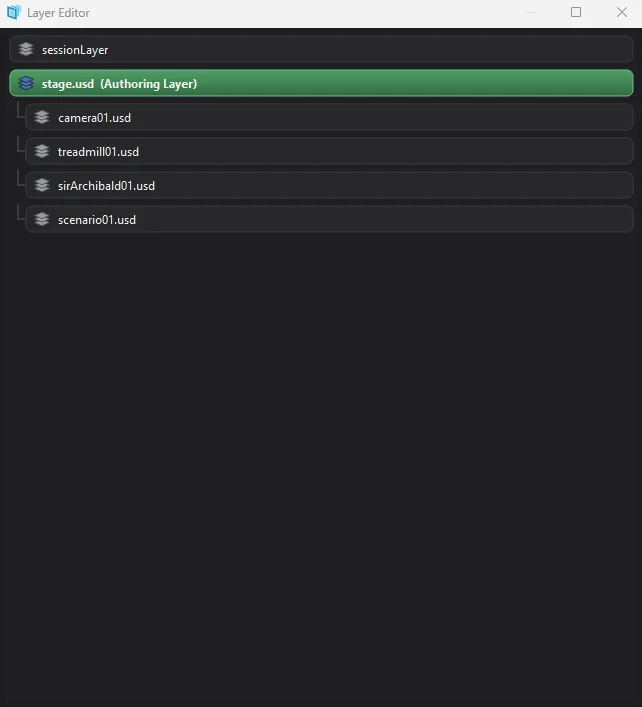 The Layer Editor showing a session layer, authoring layer, and several sublayers