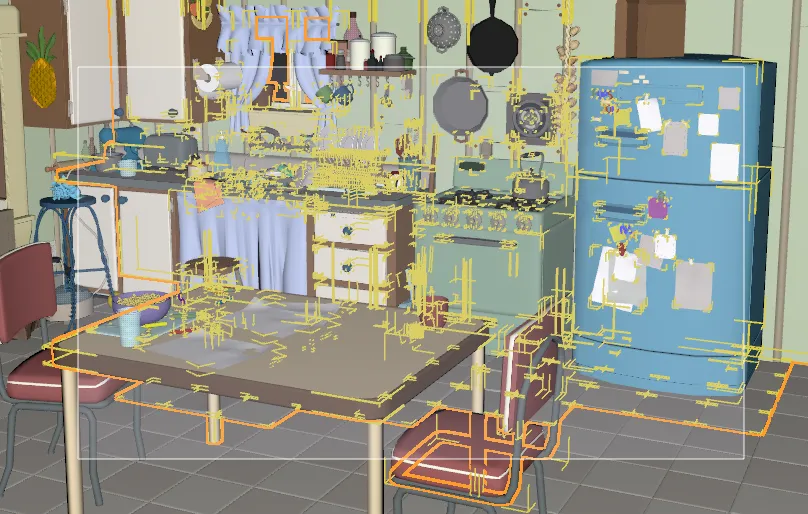 Several objects in a kitchen scene highlighted at once via multiple selection