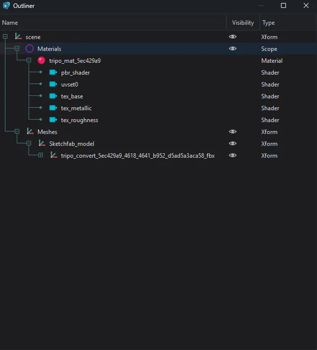 An Outliner window showing a scene hierarchy of materials, shaders, and meshes
