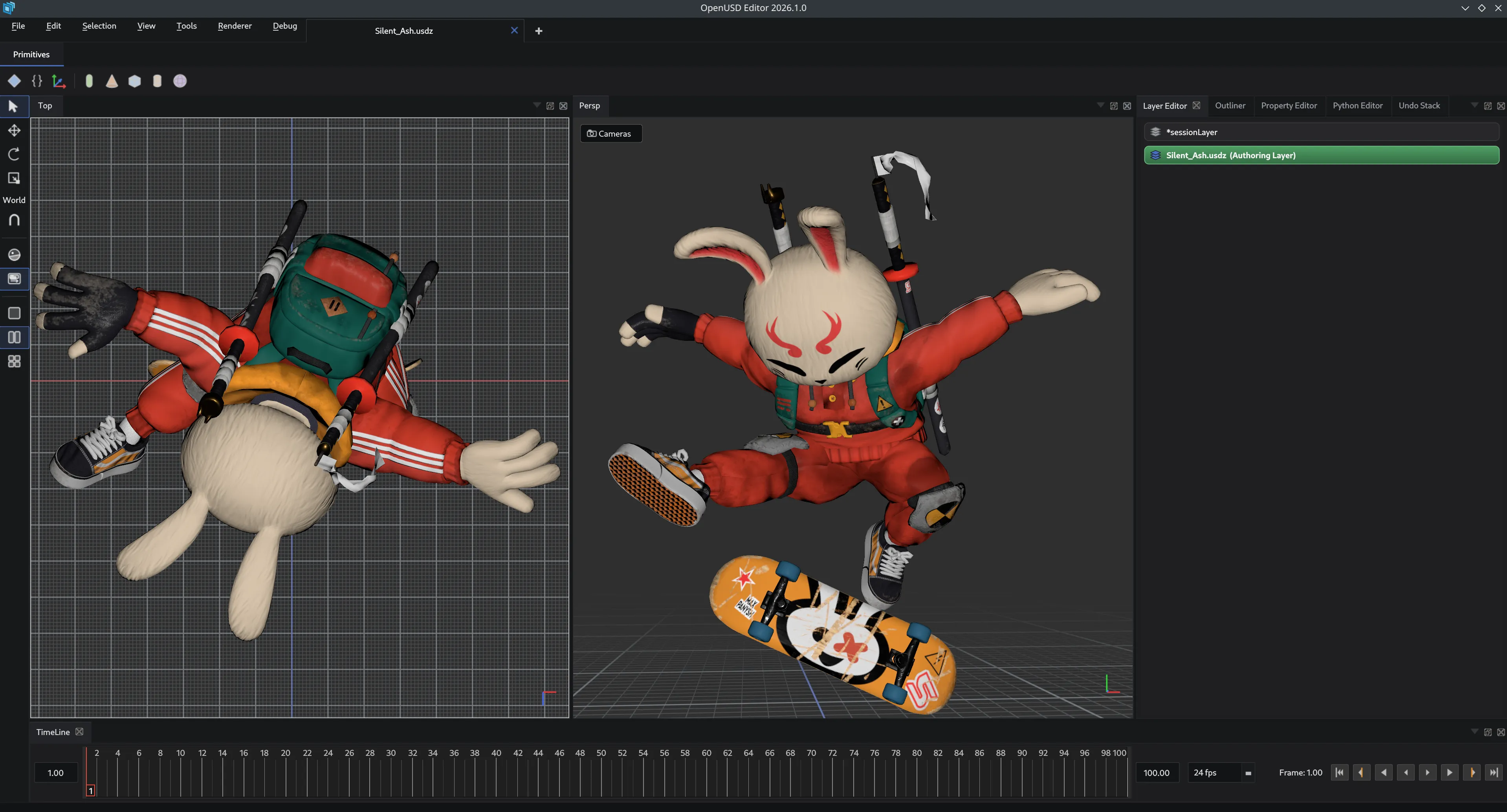 OpenUsdEditor showing the Silent Ash character in side-by-side top and perspective viewports, with the Property Editor, Outliner, and Timeline panels open