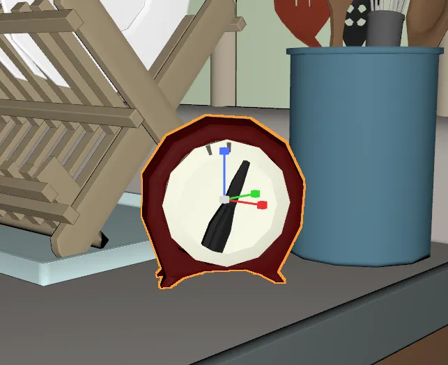 A translate/rotate/scale manipulator gizmo overlaid on a clock prim in the viewport
